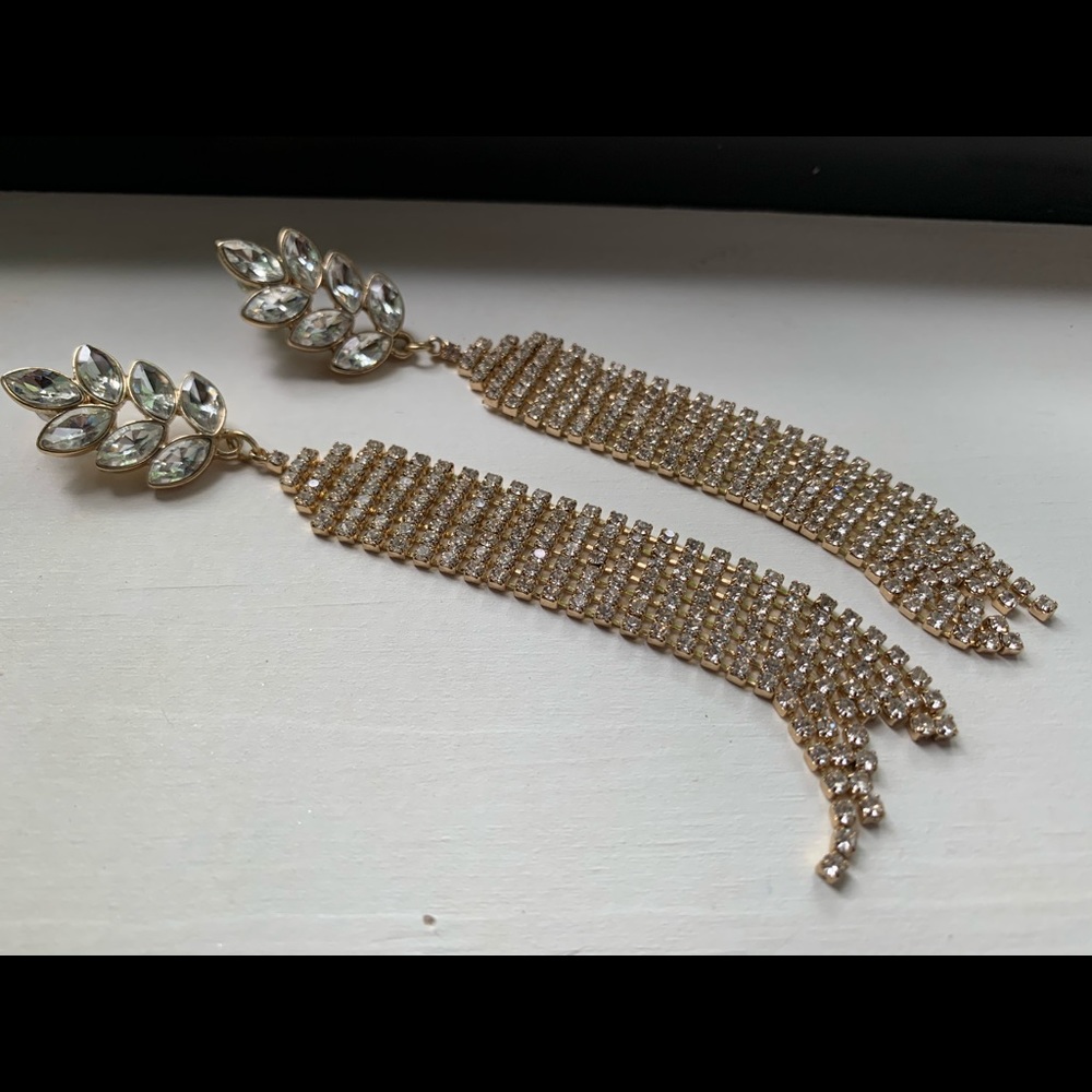 Rhinestone Pave Long Gold Fashion Costume Earrings
